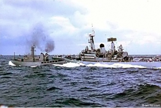 On This Day: 21st September 1958 Britain and Iceland have called a temporary halt to the first Cod War because a British Marine was taken sick with acute appendicitis, and the British skipper of the Frigate Diana asked the Icelandic coast guard ship Aeger for permission to sail into the Icelandic port where a hospital was located inside the Icelandic 12 mile zone, The Icelandic Government gave permission and the Marine is now in hospital in Iceland receiving treatment. The Royal Navy’s 2,500 ton Leander-class frigate HMS Scylla collides with the Icelandic vessel ICGV Odinn in the third and final Cod War.