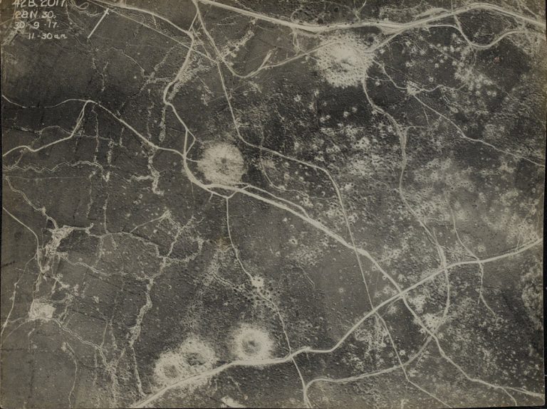 On This Day: 30th September 1917
Aerial photograph of a section of the Western Front, 30 September 1917

Aircraft such as the BE2 and RE8 were used by the British to photograph the shattered landscapes of the Western Front. Aerial photography was used to identify artillery and bombing targets such as transport hubs and artillery positions and to gather intelligence on fortifications and troop concentrations and movements prior to attacks. NAM. 1996-01-74-10 © NAM