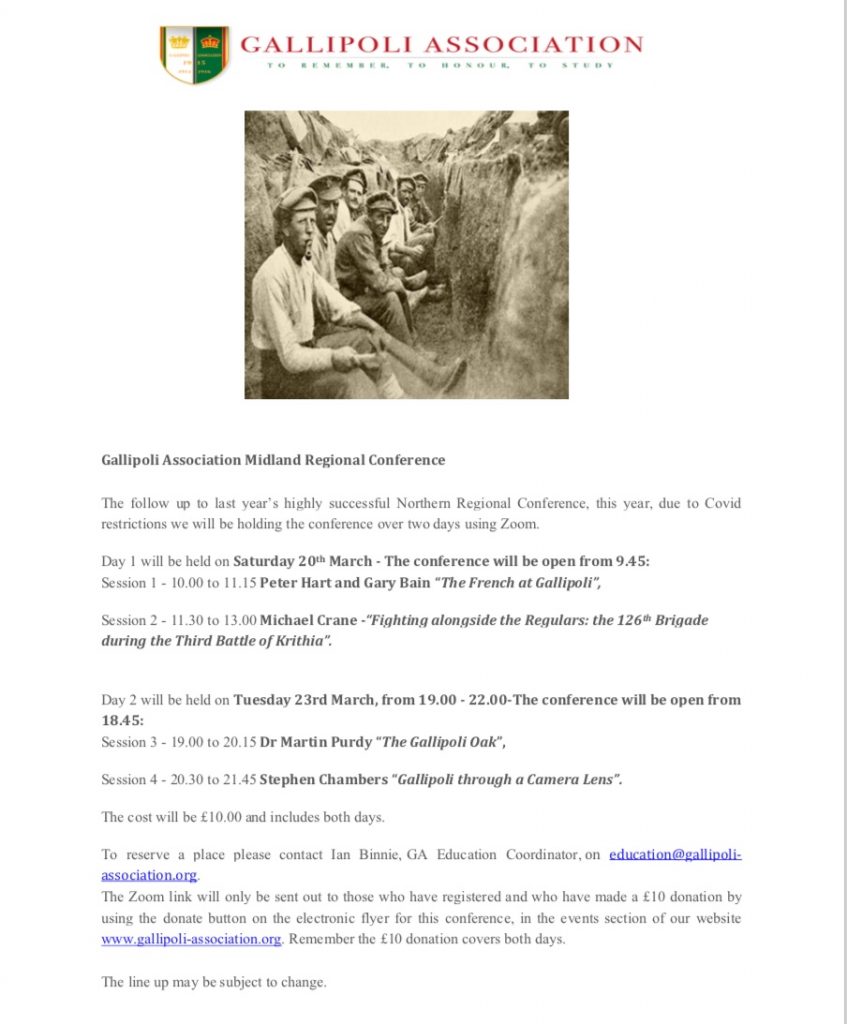 Gallipoli Association March 2021 Conference Agenda