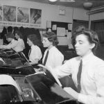 SIGNAL CITY; WHERE THE WRENS HANDLE THE NAVY'S SECRET MESSAGES. OCTOBER 1942, GREENOCK. SIGNAL CITY, THE BUSIEST NAVAL STATION OUTSIDE THE ADMIRALTY, IS SITUATED IN THE GROUNDS OF AN OLD HOUSE IN THE NORTH. 200 WRENS WORK THERE, UNDER THE SUPERVISION OF THE SIGNAL COMMANDER, ALONG WITH A FEW NAVAL SIGNALMEN. THE WRENS: WIRELESS TELEPHONISTS, CYPHER OFFICERS, TELEPRINT OPERATORS, DISPATCH RIDERS, ETC HANDLE HUNDREDS OF VITAL MESSAGES DAILY. SIGNAL CITY WAS SPECIALLY DESIGNED BY THE SIGNAL COMMANDER. (A 13711) Teleprinting plays an important part in the network of naval communications. Copyright: © IWM. Original Source: http://www.iwm.org.uk/collections/item/object/205146982